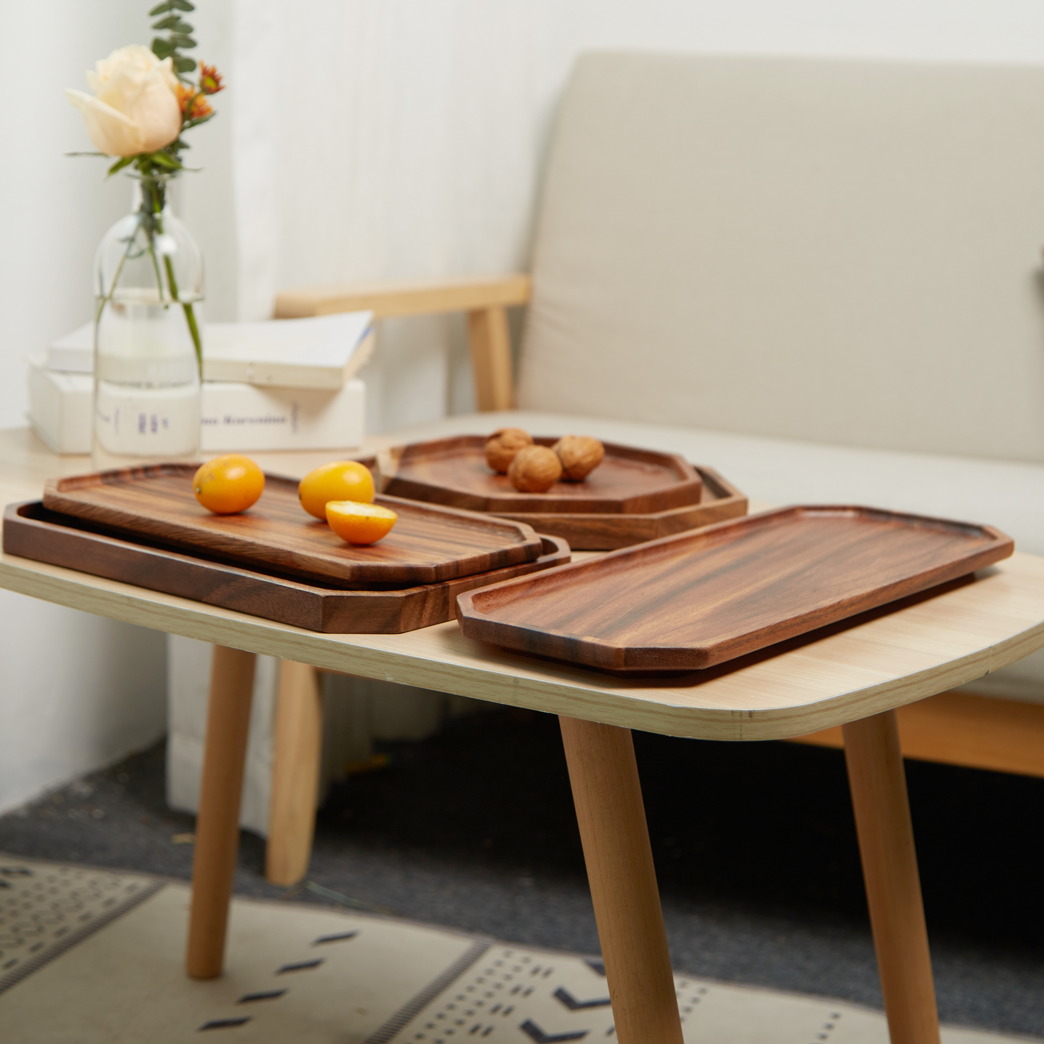 Acacia Wood Octagon Square Wooden Serving Tray