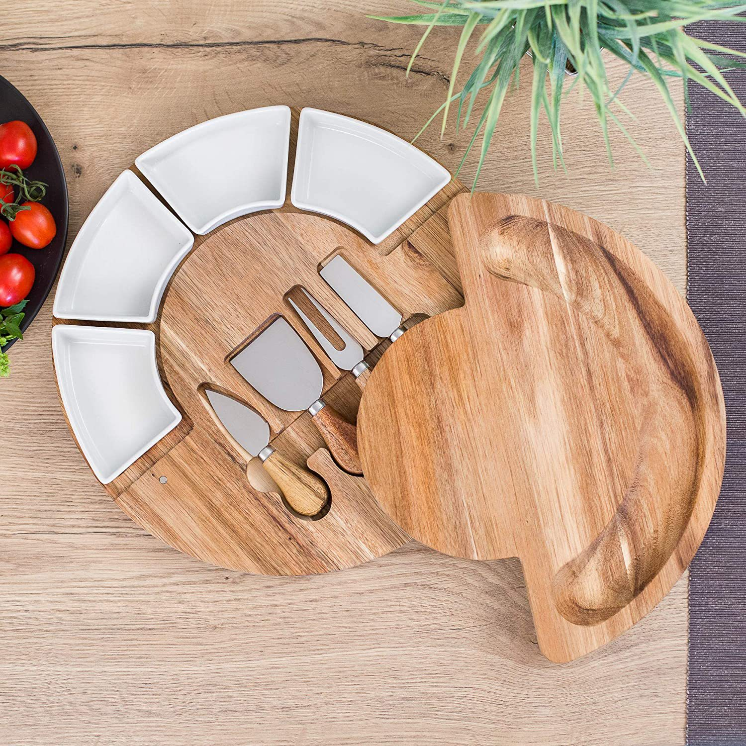 Rotating Round Acacia Wooden Cheese Board Set