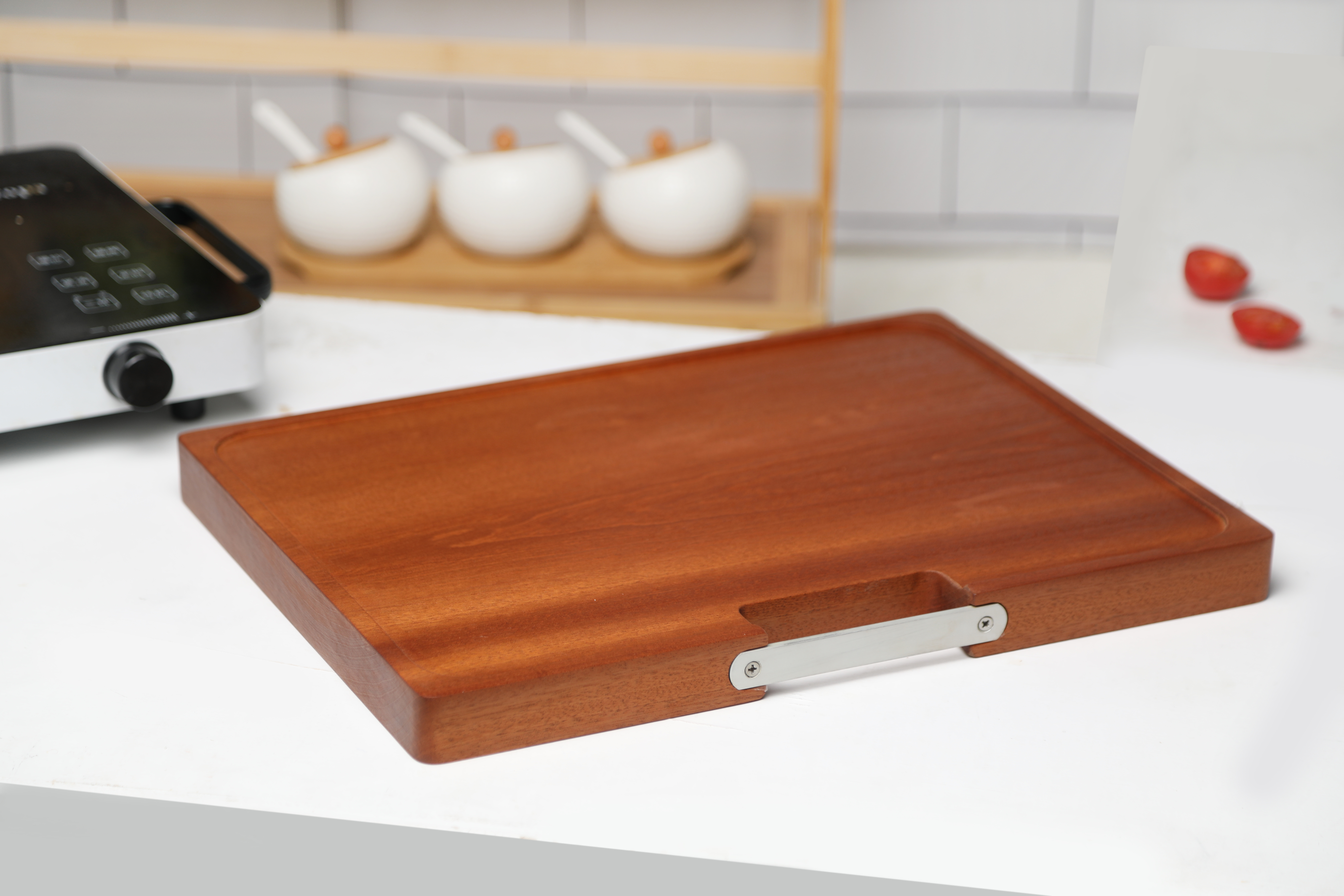 Rectangular Wooden Cutting Board With Stainless Steel Handle