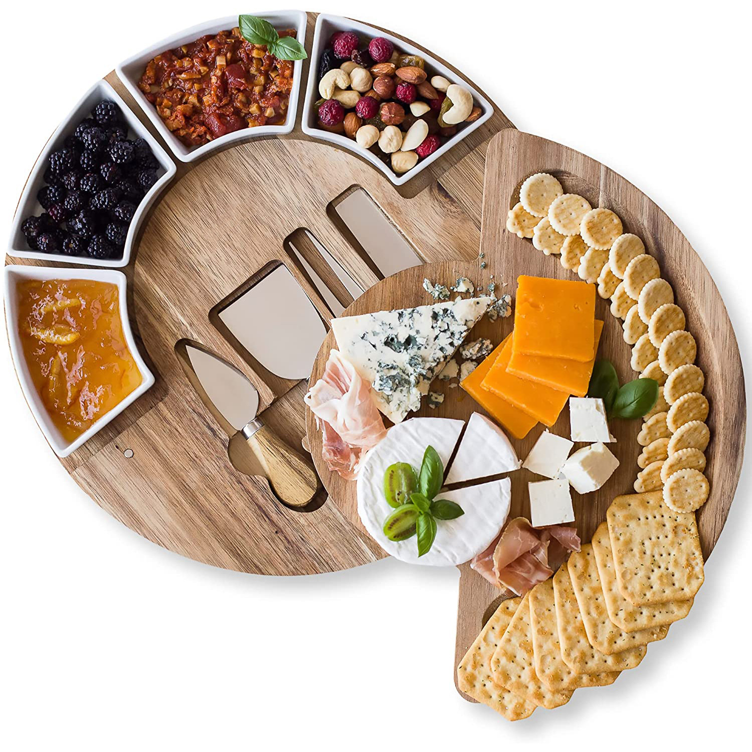 Rotating Round Acacia Wooden Cheese Board Set