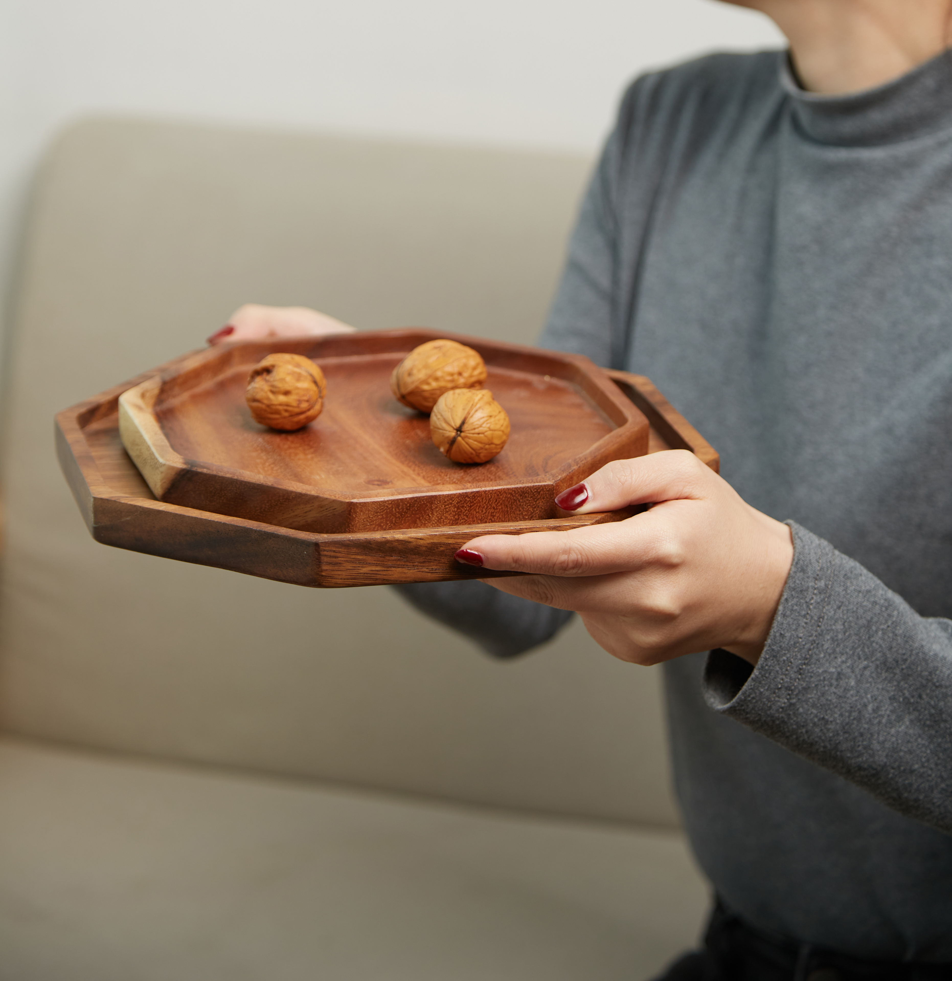 Acacia Wood Octagon Square Wooden Serving Tray