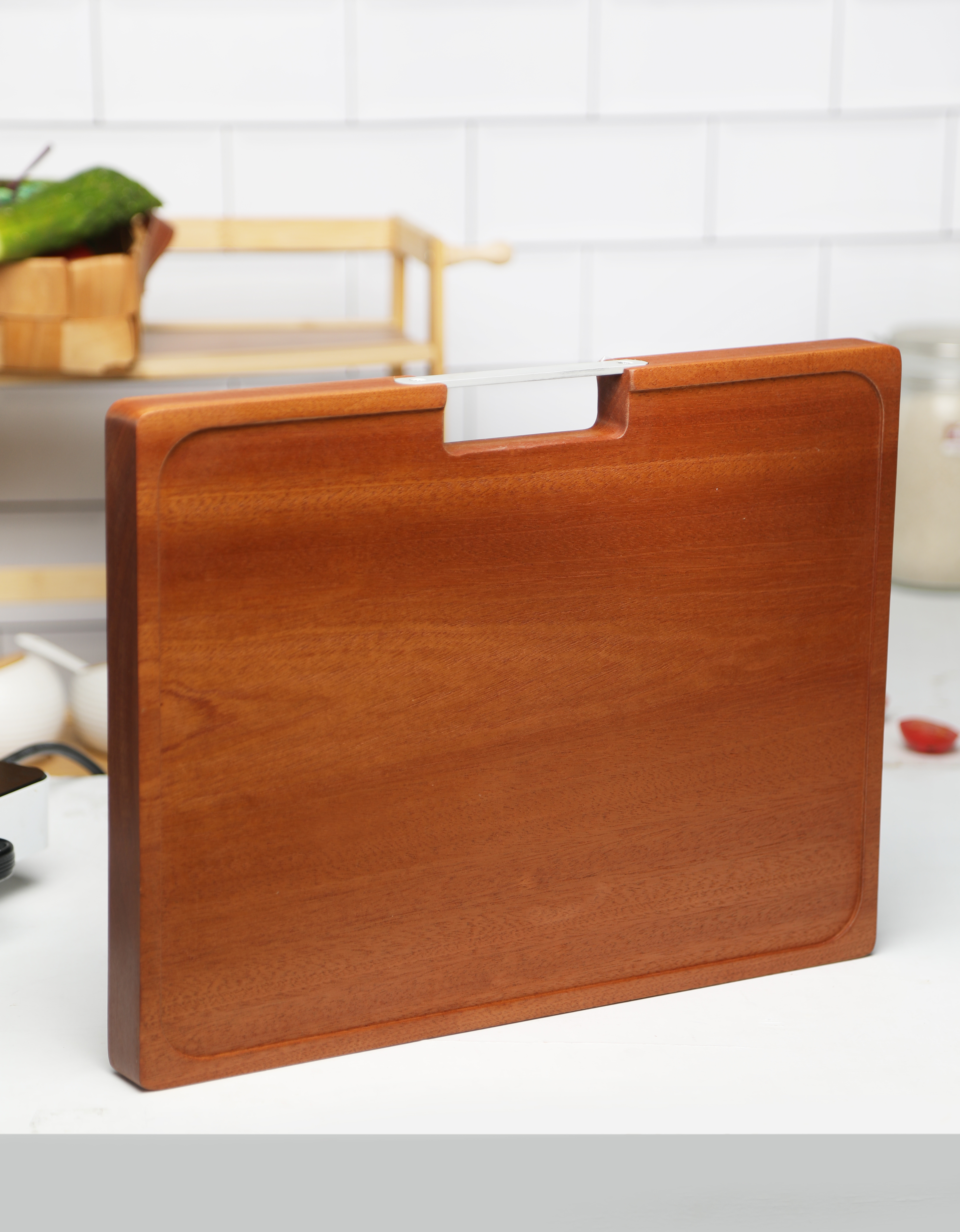 Rectangular Wooden Cutting Board With Stainless Steel Handle