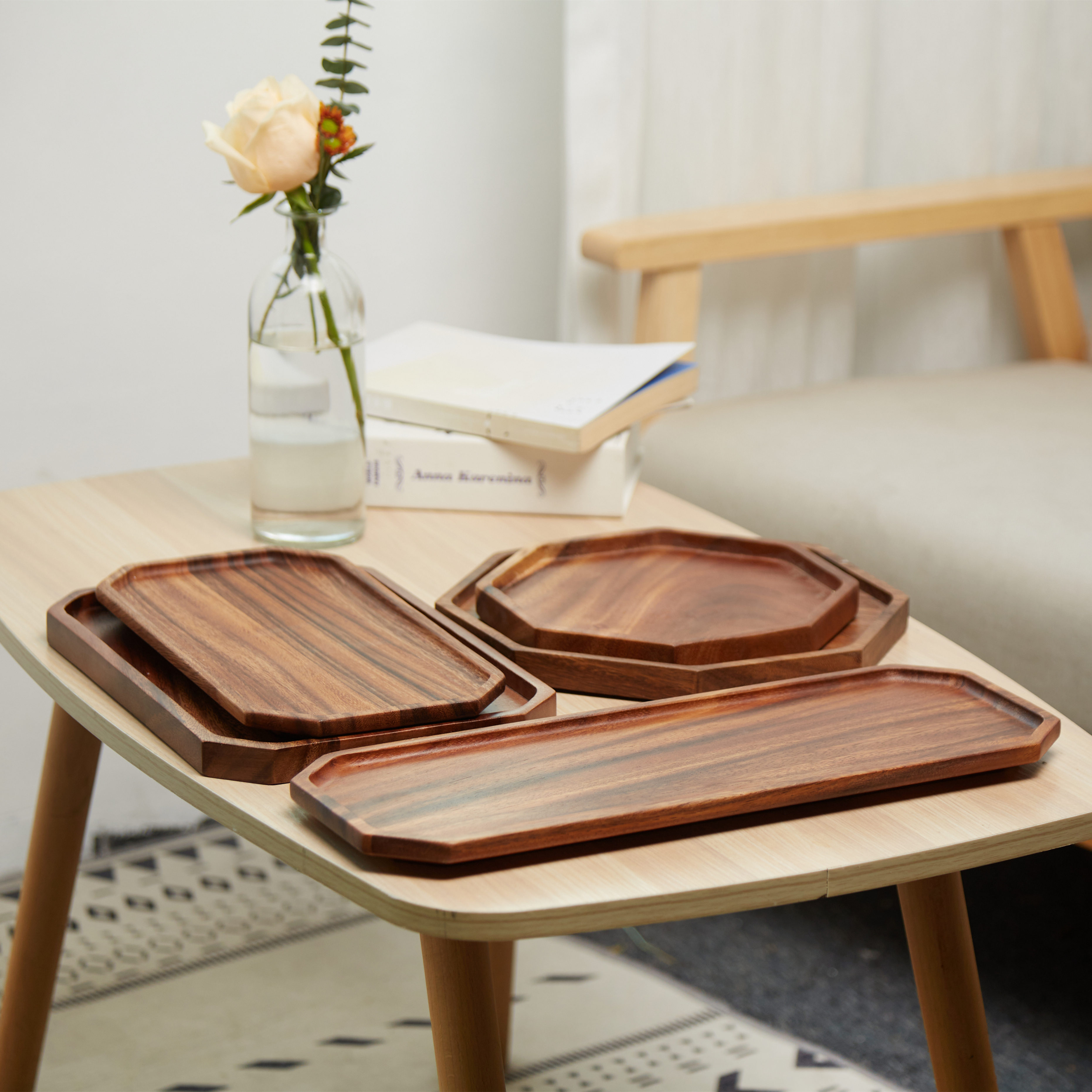 Acacia Wood Octagon Square Wooden Serving Tray